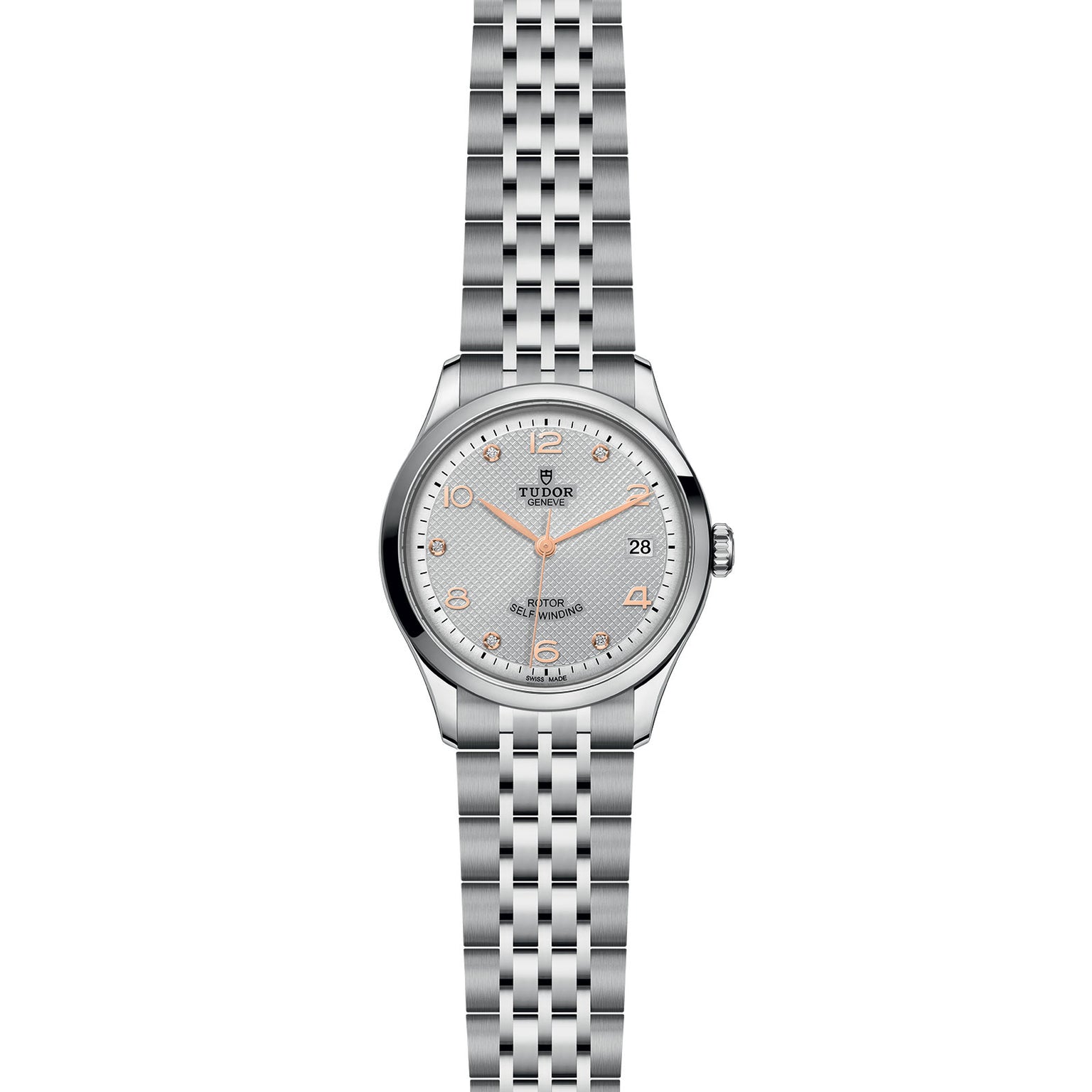 The TUDOR 1926 is a silver wristwatch with a stainless steel bracelet, white dial, gold markers, date at 3 o’clock, and three hands—ideal for lovers of timeless TUDOR style and classic mechanical watches.