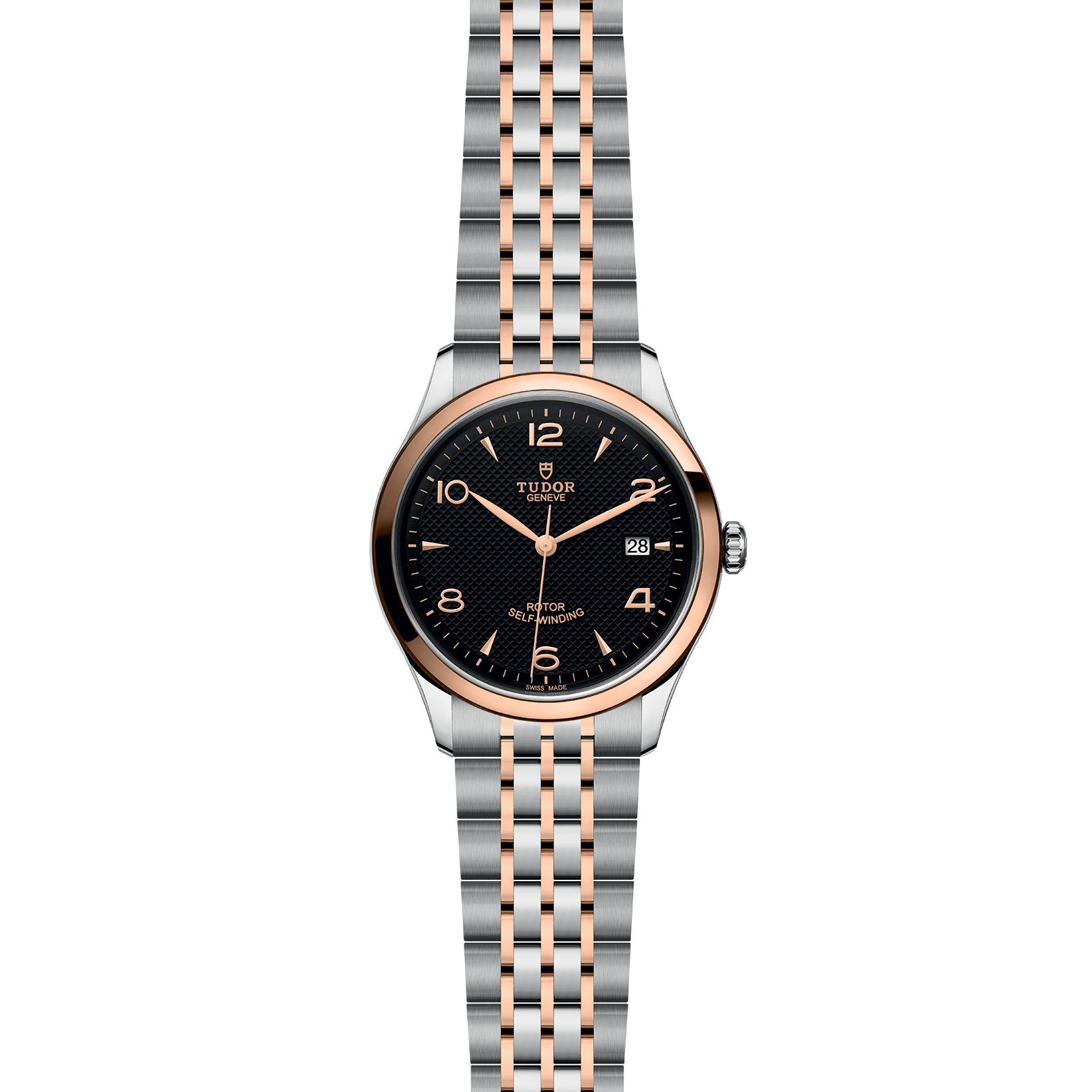 A TUDOR 1926 wristwatch with a black dial, gold hour markers, date display, and a two-tone silver and gold bracelet—a refined mechanical timepiece from the acclaimed TUDOR collection.