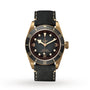 The TUDOR Black Bay Bronze features a black dial, gold-tone case, and black leather strap with luminous markers and a rotating bezel—a striking diving watch for classic timepiece enthusiasts.