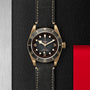 A TUDOR Black Bay Bronze wristwatch with a black bezel and face featuring white markers is showcased on a textured black and silver background with a red accent—an iconic pick for lovers of classic timepieces.