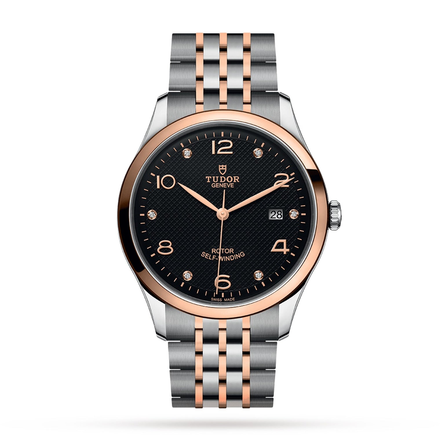 The TUDOR 1926 wristwatch features a black textured dial, diamond hour markers, date display, and a two-tone silver and rose gold bracelet—a stunning showcase of TUDORs watchmaking expertise.