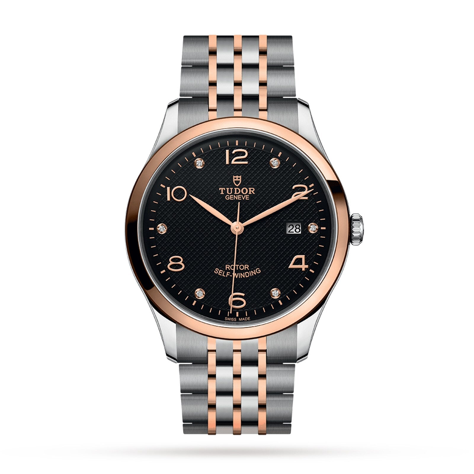The TUDOR 1926 wristwatch features a black textured dial, diamond hour markers, date display, and a two-tone silver and rose gold bracelet—a stunning showcase of TUDORs watchmaking expertise.
