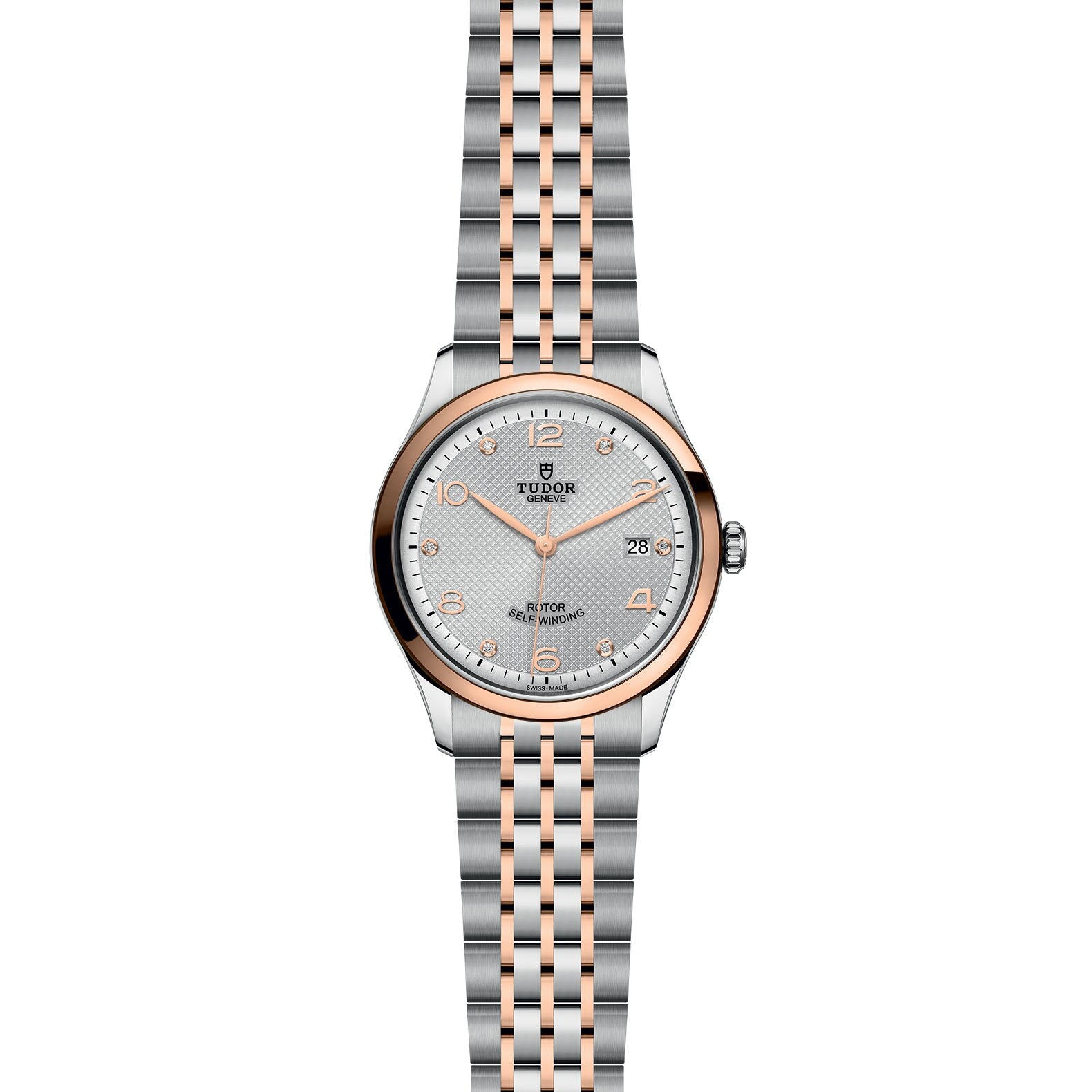The TUDOR 1926 features a silver and rose gold case, metal link bracelet, round face, date at 3 o’clock, and dot hour markers on a textured silver dial—ideal for fans of classic mechanical watches.