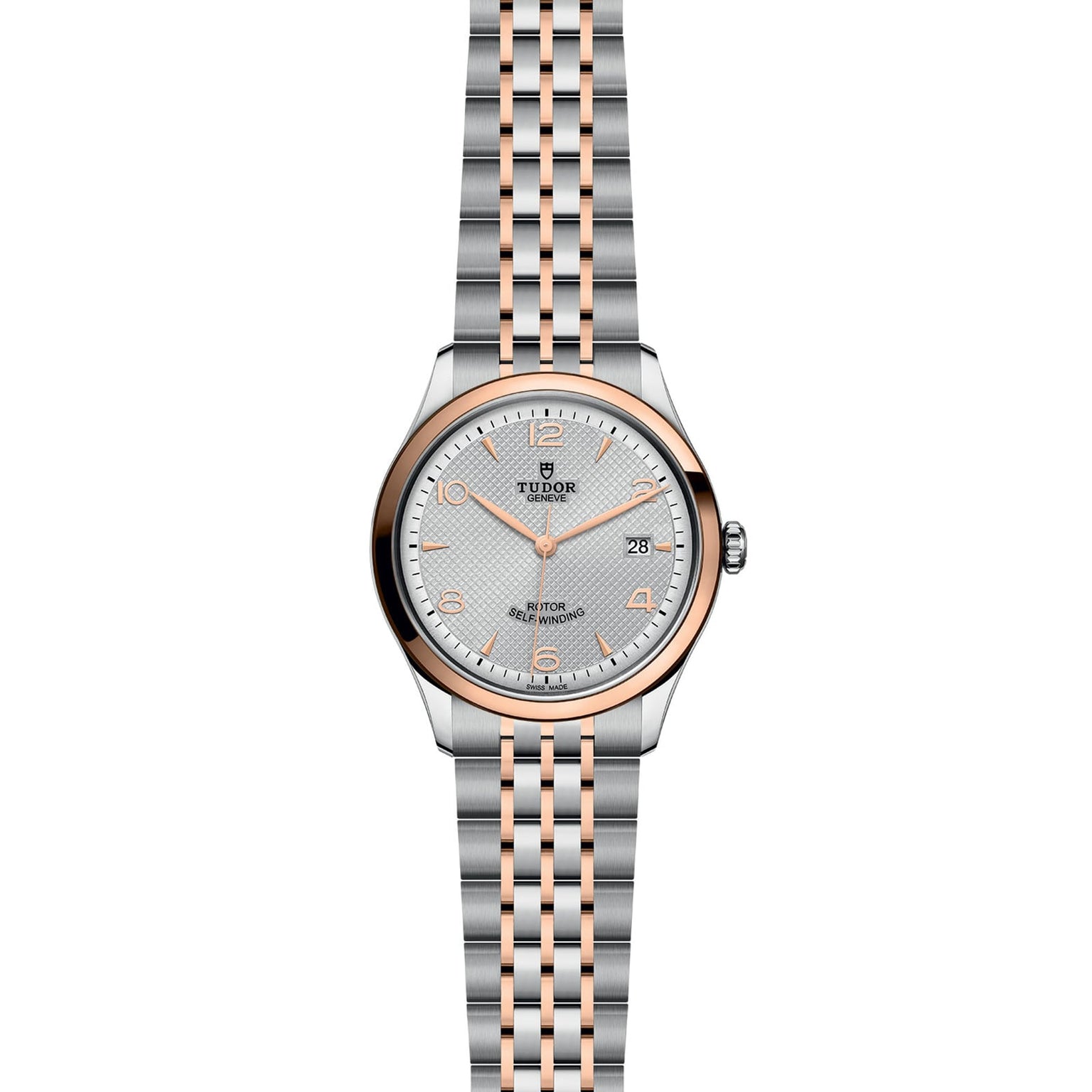 The TUDOR 1926 wristwatch features a round face, metal link bracelet, date display, and simple indices on a textured dial—an elegant choice for classic mechanical watch enthusiasts.