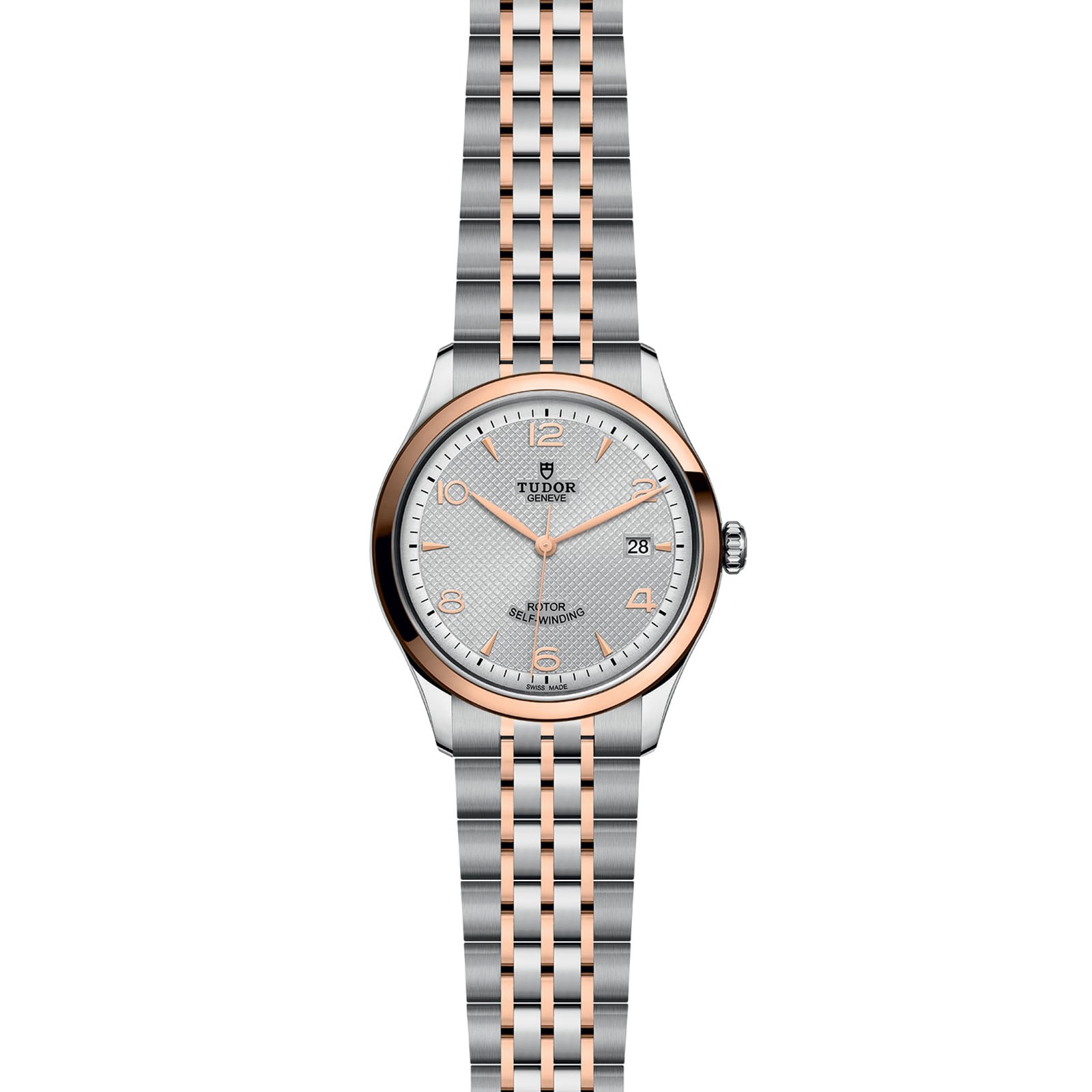The TUDOR 1926 wristwatch features a round face, metal link bracelet, date display, and simple indices on a textured dial—an elegant choice for classic mechanical watch enthusiasts.