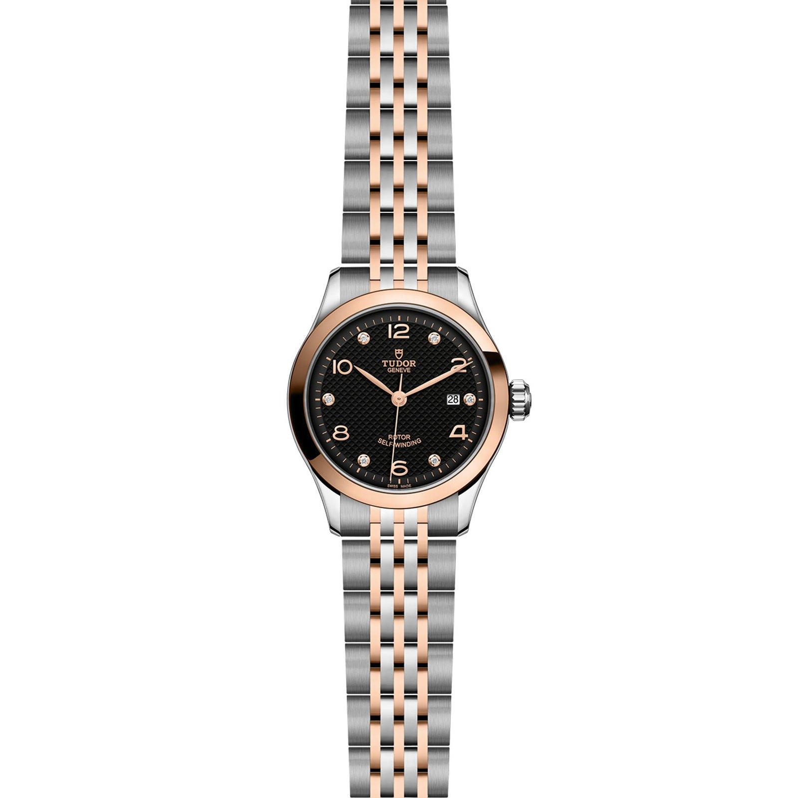 A TUDOR 1926 wristwatch with a black textured dial, gold Arabic numerals, date display, and a silver-and-gold metal bracelet is displayed against a white background.