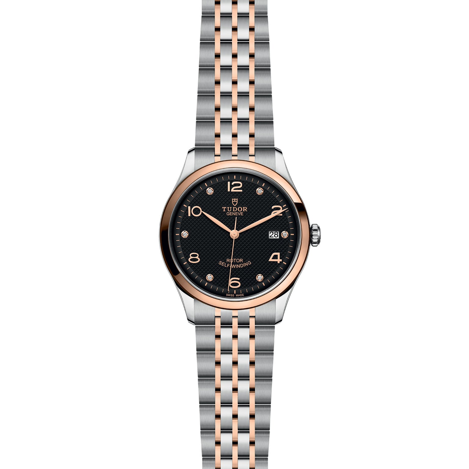 The TUDOR 1926 is a classic wristwatch featuring a black dial, gold hour markers, date display, and a two-tone silver and gold bracelet—ideal for fans of refined mechanical watches.