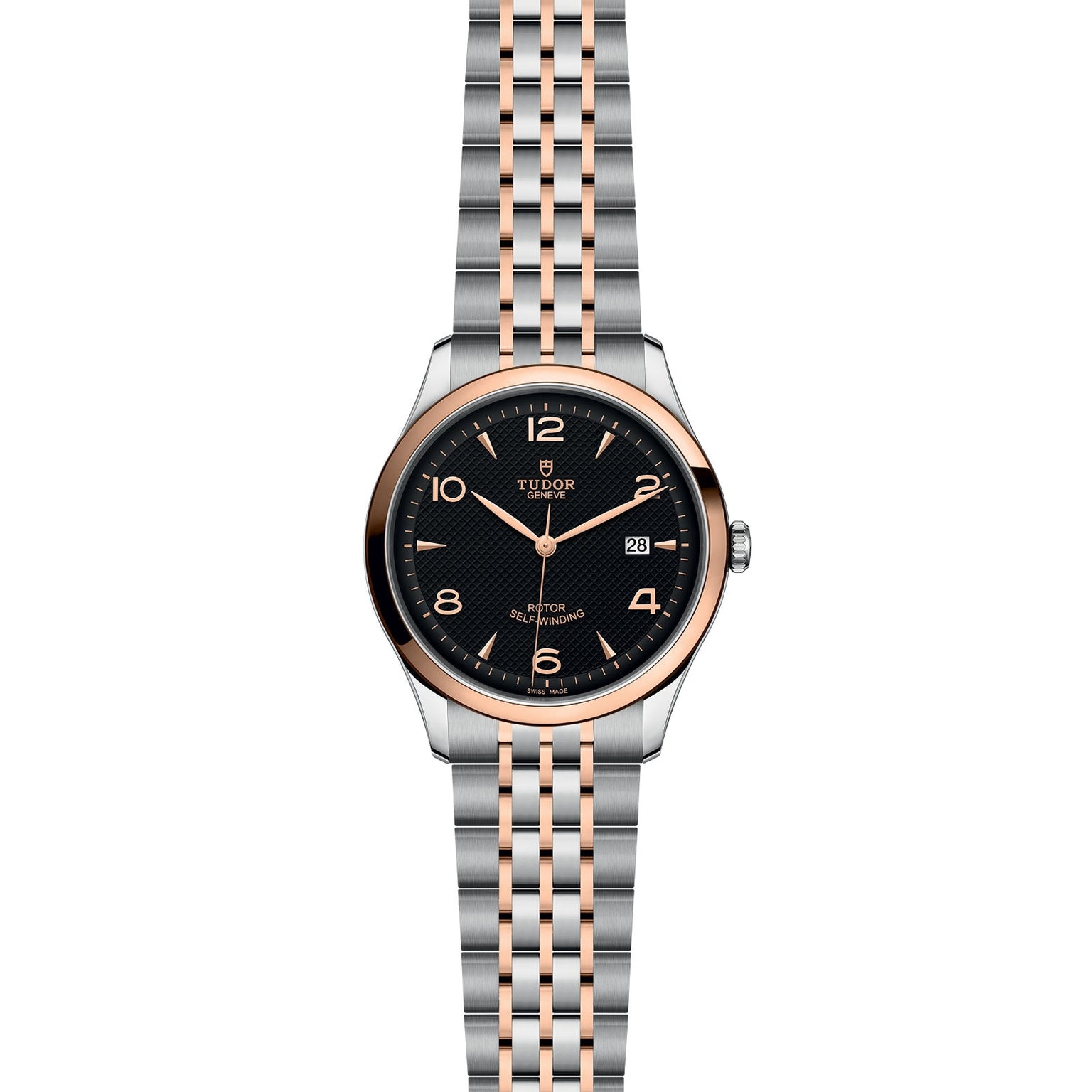 The TUDOR 1926 wristwatch features a round black dial, gold-tone markers and hands, a date display, and a two-tone silver and rose gold bracelet—an elegant nod to TUDOR’s tradition in fine mechanical watches.