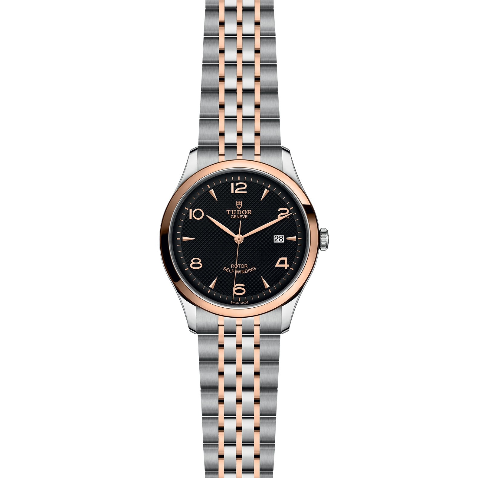 The TUDOR 1926 wristwatch features a round black dial, gold-tone markers and hands, a date display, and a two-tone silver and rose gold bracelet—an elegant nod to TUDOR’s tradition in fine mechanical watches.
