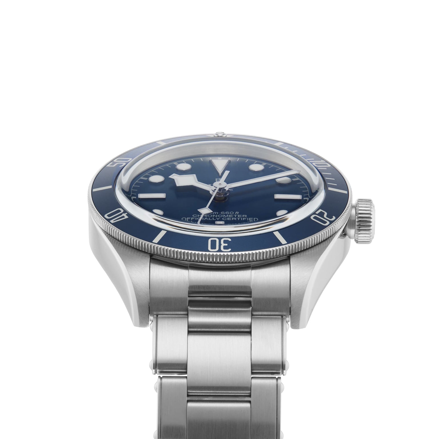 A TUDOR Black Bay 58 watch with a blue bezel and dial, stainless steel case, metal link band, and luminous hour markers is shown against a white background—an exceptional choice for any diving watch collection.