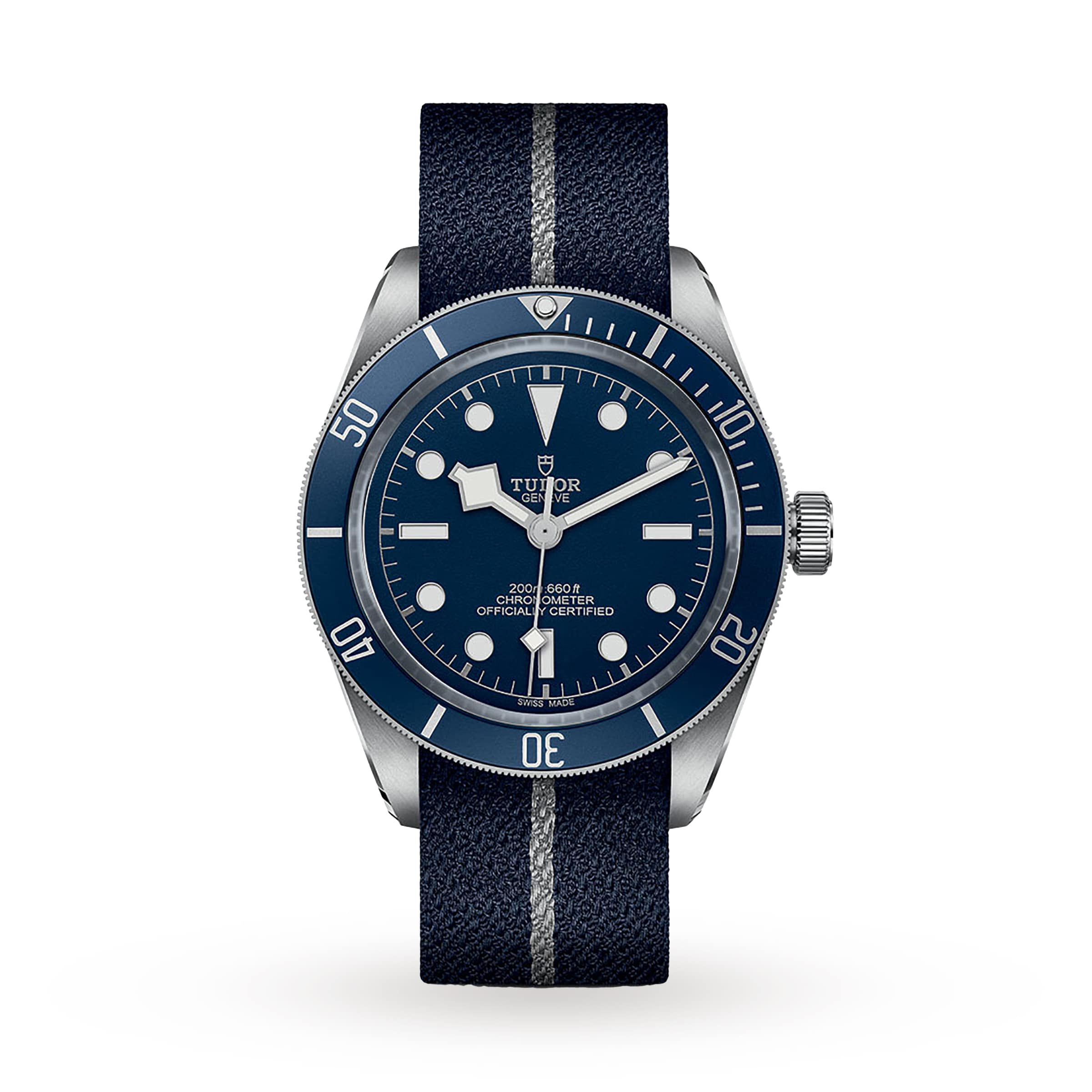 The TUDOR Black Bay 58 is a diving watch with a blue dial and bezel, white hour markers, and a blue fabric strap with a grey stripe, powered by a self-winding mechanical movement, shown on a plain white background.
