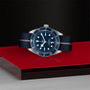 A TUDOR Black Bay 58 diving watch with a blue dial and striped fabric strap is displayed on a red and black geometric surface.
