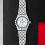 A TUDOR Royal wristwatch, featuring a silver case, white mother-of-pearl dial with diamond hour markers, and date display—an elegant automatic sport-chic timepiece by TUDOR.