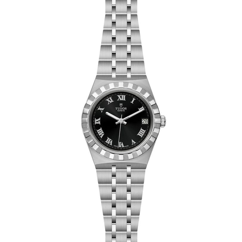 The TUDOR Royal is a stainless steel wristwatch with a black dial, Roman numerals, date at 3 o’clock, and a five-link bracelet—an ideal sport-chic timepiece for your collection.