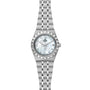 A TUDOR Royal wristwatch with a silver metal link bracelet and a white mother-of-pearl dial featuring diamond hour markers.