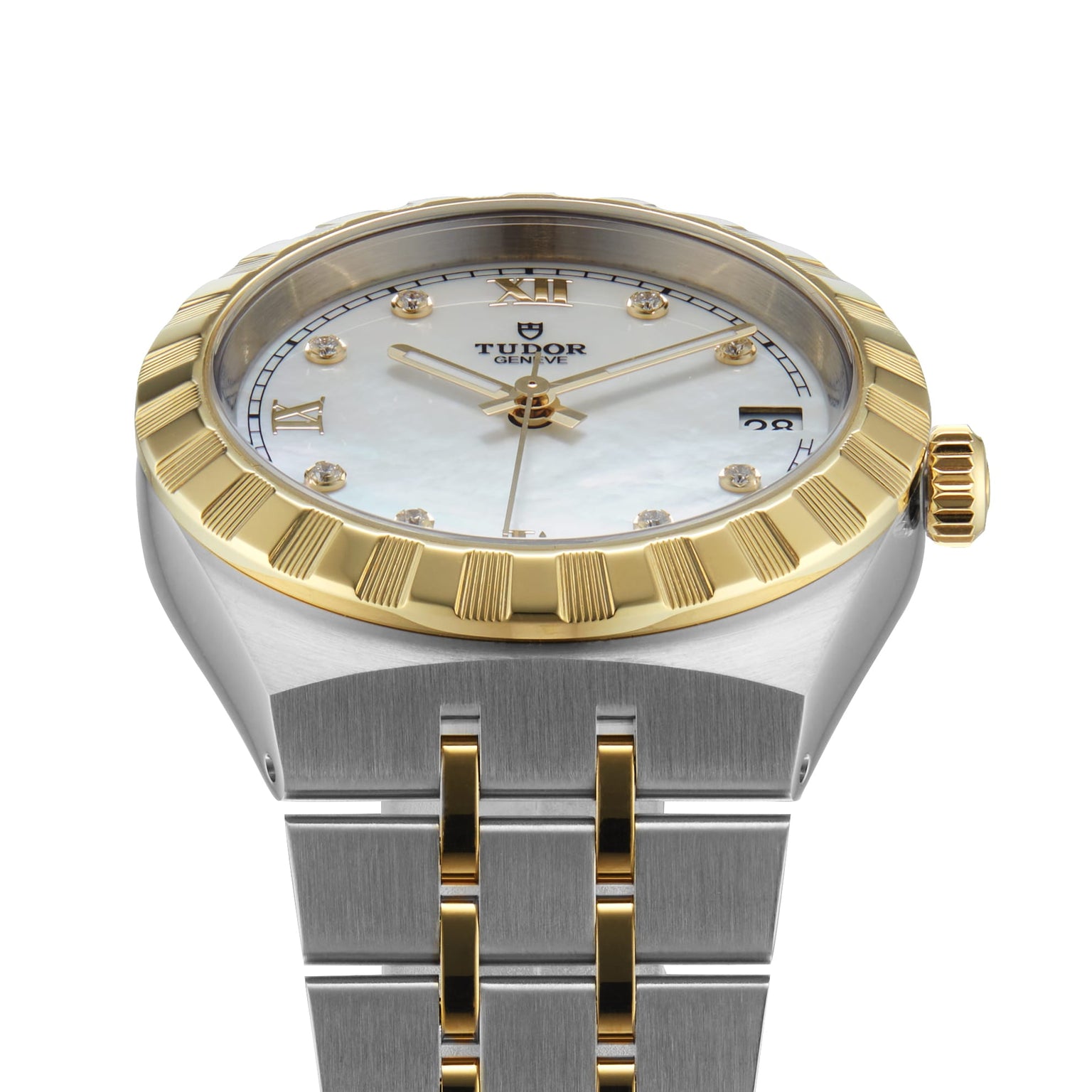 The TUDOR Royal blends sport-chic style and elegance in stainless steel and gold, featuring a white mother-of-pearl dial with diamond markers, gold Roman numerals, and a date at 3 o’clock.
