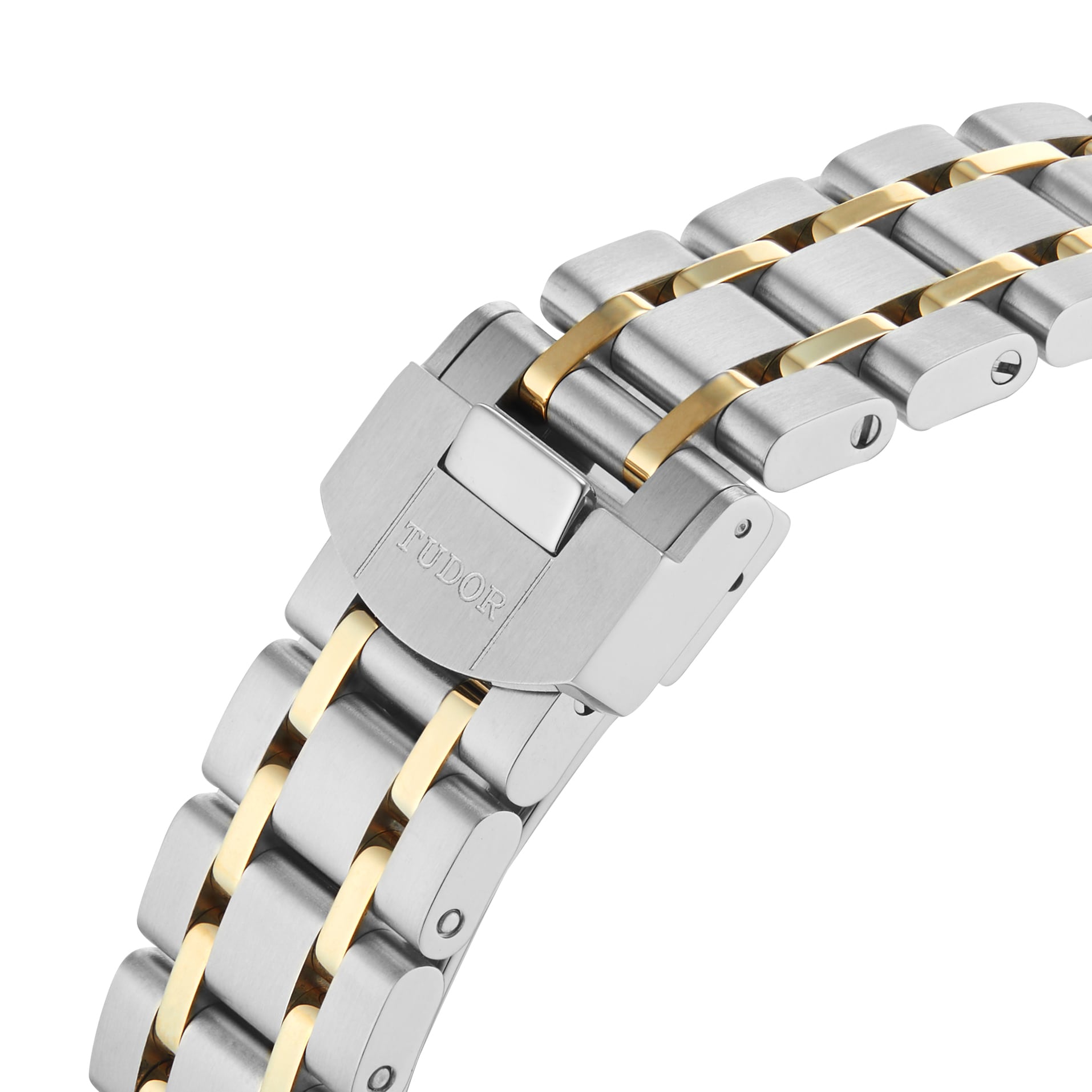 Close-up of the TUDOR Royal bracelet in stainless steel and gold-tone, featuring a Tudor-branded clasp—a signature of the brands automatic sport-chic style.