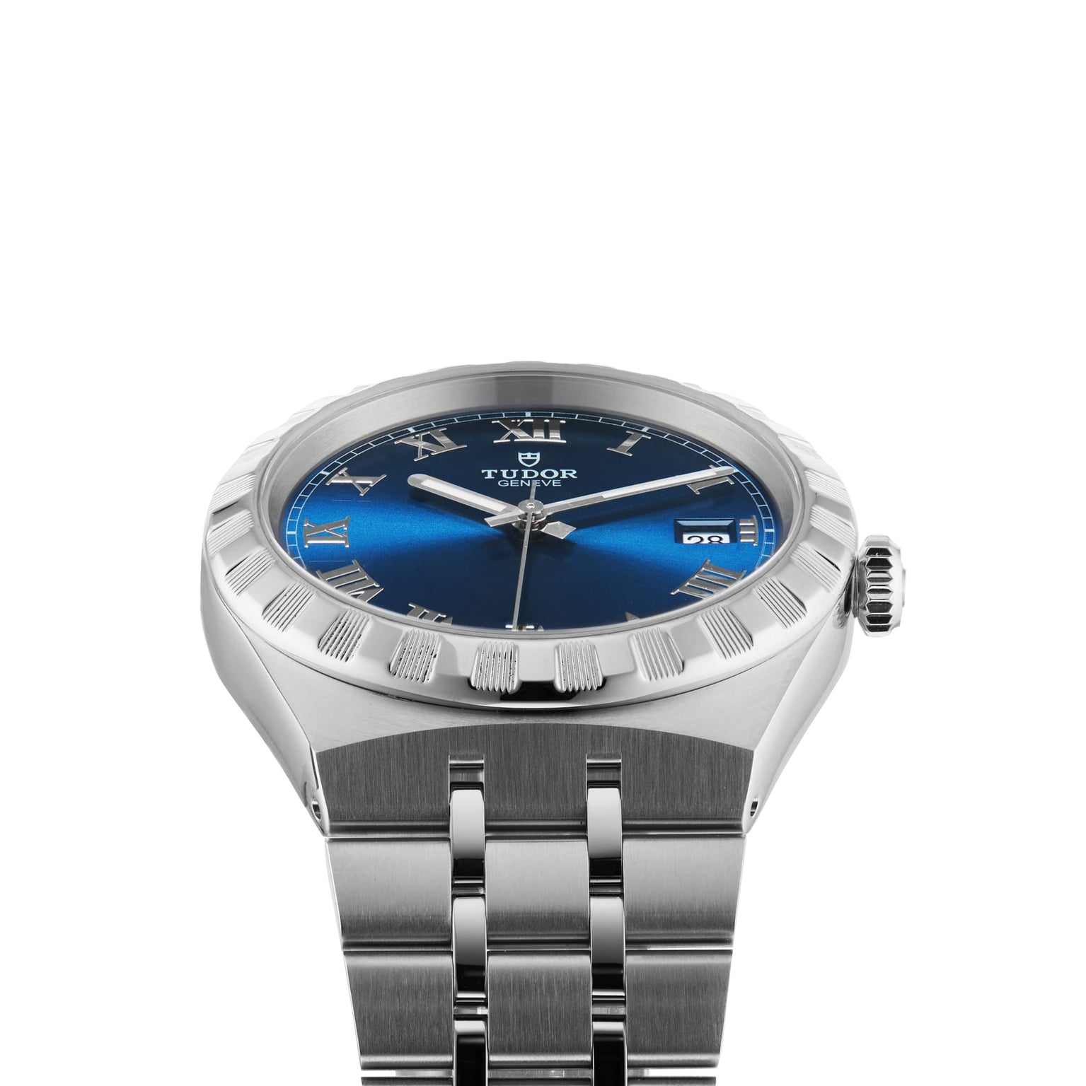 The TUDOR Royal is an automatic sport-chic wristwatch featuring a blue dial, Roman numerals, and date window, shown on a stainless steel bracelet—an elegant example of TUDOR craftsmanship.