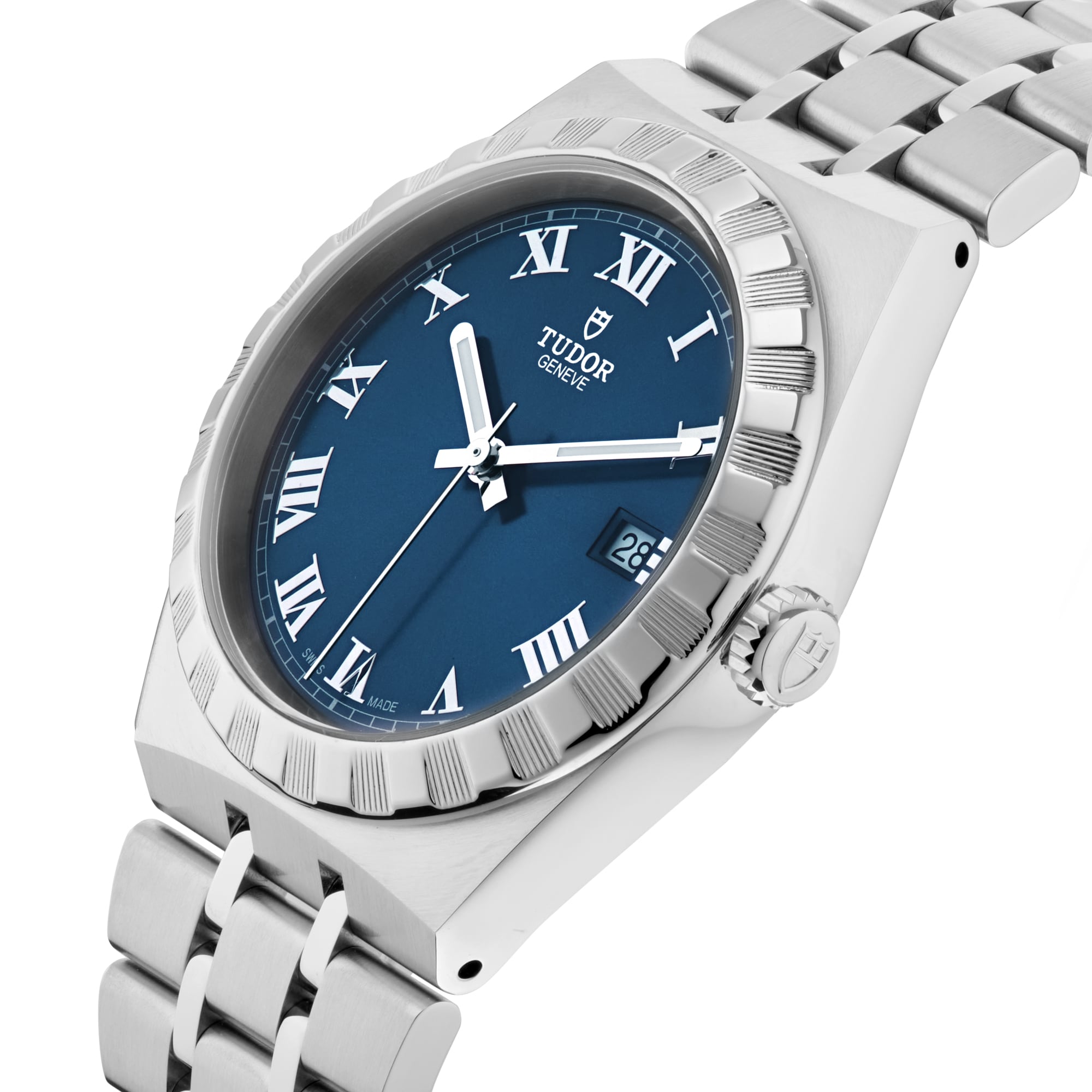 The TUDOR Royal is a silver automatic sport-chic wristwatch with a blue dial, Roman numeral hour markers, date window at 3 o’clock, and a stainless steel bracelet—offering both elegance and versatility.