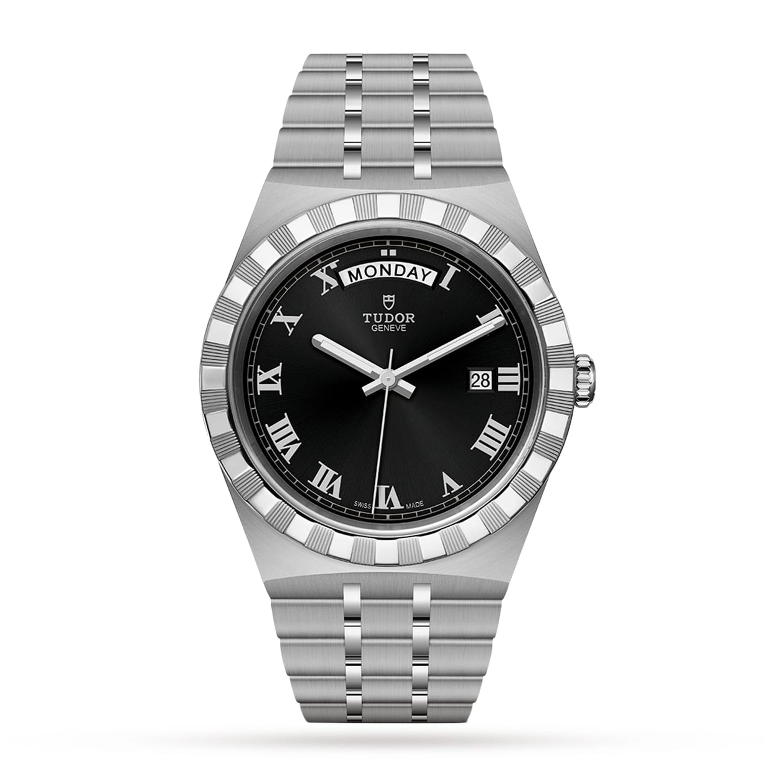 The TUDOR Royal is a stainless steel and gold wristwatch with a black dial, Roman numerals, day at 12 o’clock, date at 3 o’clock, and link bracelet—combining automatic sport-chic style with advanced performance.
