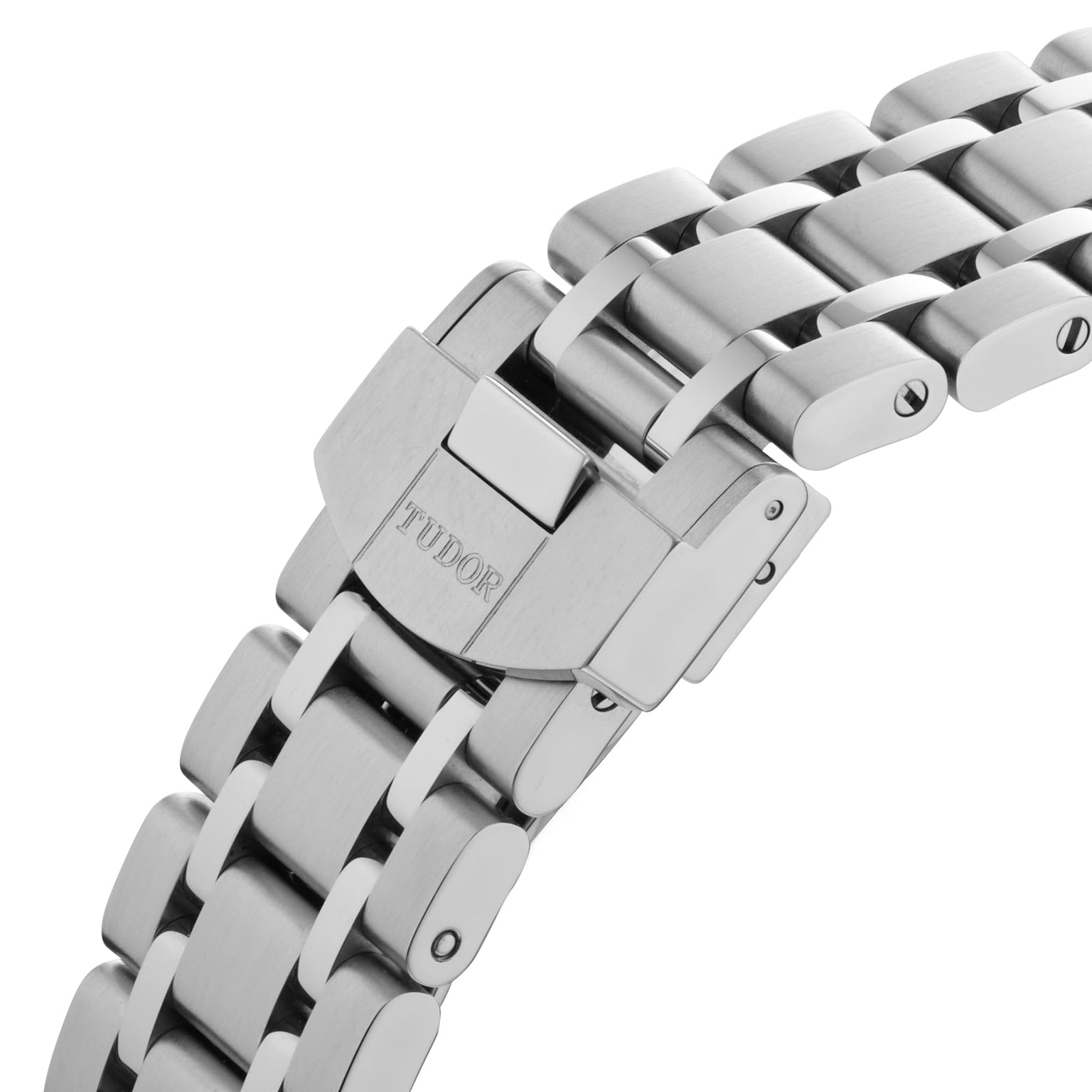 Close-up of the TUDOR Royal stainless steel bracelet with clasp, showcasing the engraved TUDOR logo and polished-brushed links—an automatic sport-chic watch designed for advanced technical performance.