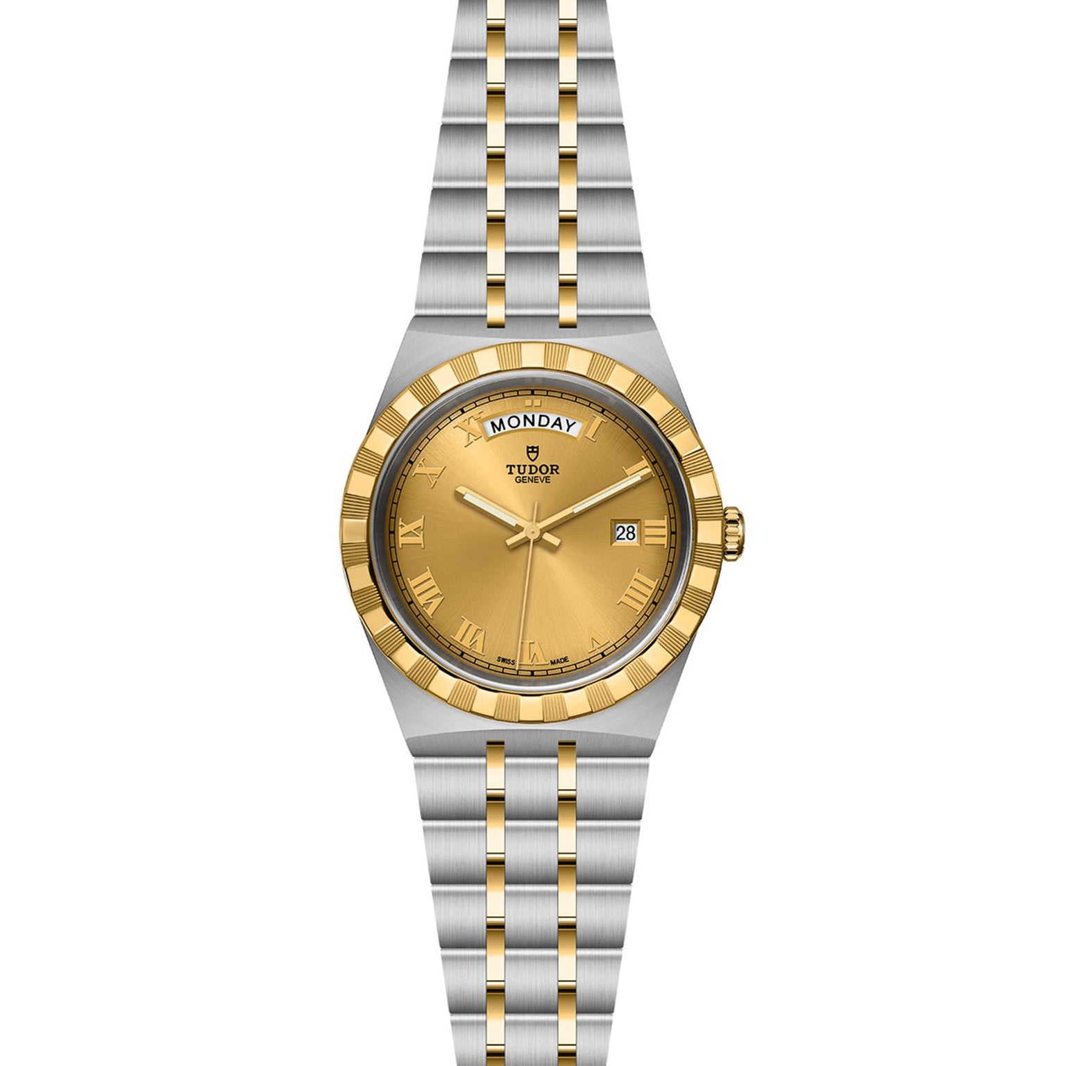 The TUDOR Royal wristwatch features a gold dial with day and date display, gold Roman numerals, and a two-tone stainless steel and gold bracelet for a refined sport-chic style.