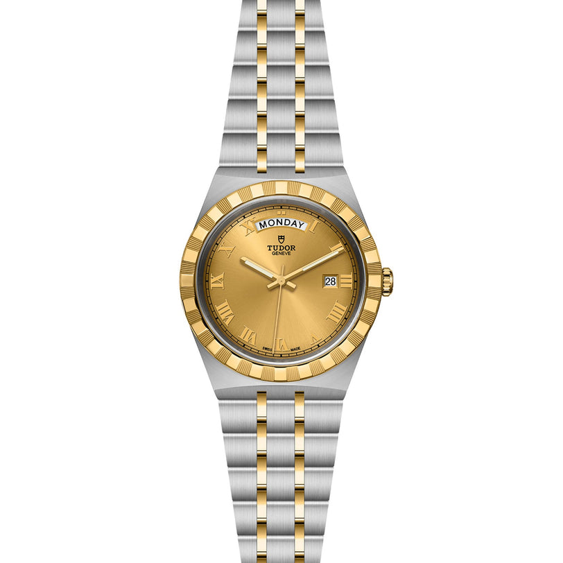 The TUDOR Royal wristwatch features a gold dial with day and date display, gold Roman numerals, and a two-tone stainless steel and gold bracelet for a refined sport-chic style.