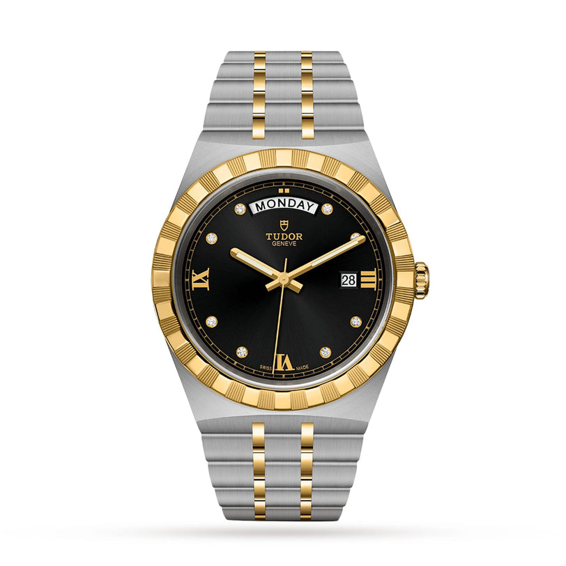The TUDOR Royal is an automatic sport-chic watch with a black dial, gold hour markers, day and date displays, and an integrated stainless steel and gold bracelet—blending elegance with versatility.