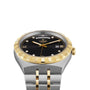 The TUDOR Royal features a black dial, gold hour markers, day and date display, and a silver-gold integrated bracelet—blending automatic precision with sport-chic style.