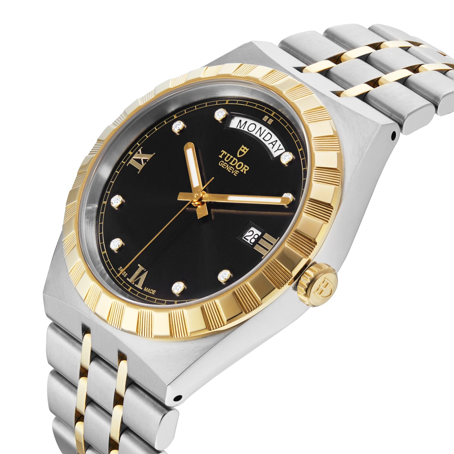 The TUDOR Royal wristwatch features a black dial, gold bezel, two-tone metal band with integrated bracelets, diamond hour markers, and a day-date display indicating Monday the 28th.