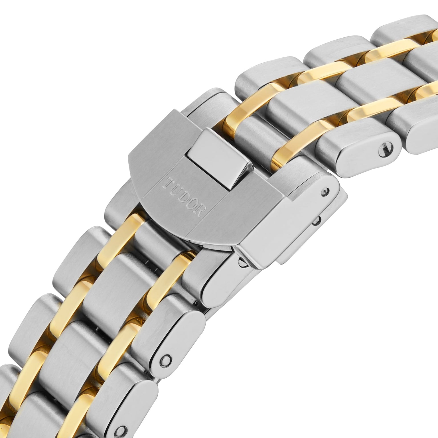 Close-up of a two-tone TUDOR Royal bracelet with silver and gold links, featuring a clasp engraved with TUDOR—a signature detail of the brand’s automatic sport-chic watch with an integrated bracelet.