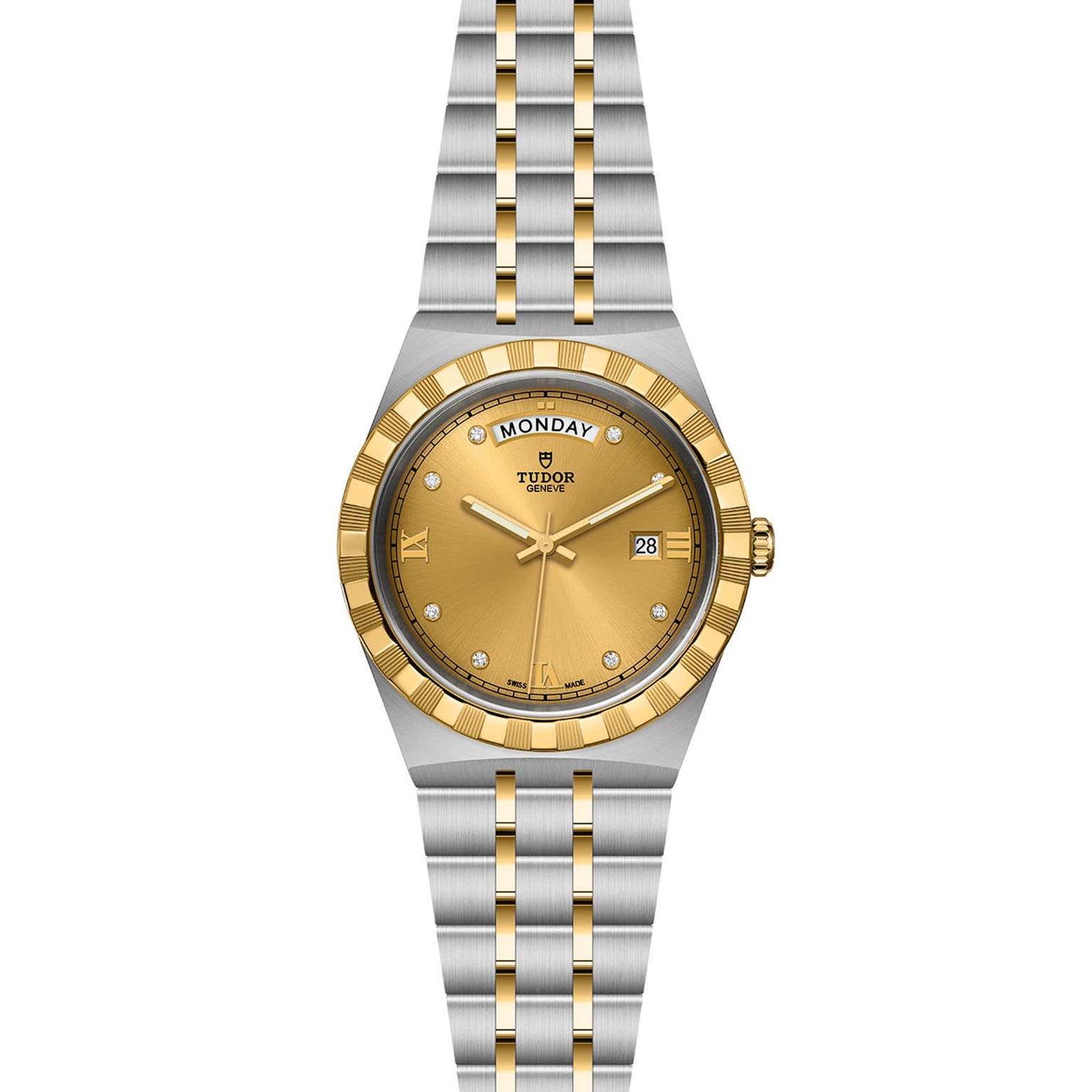 The TUDOR Royal features a gold dial, gold bezel, diamond hour markers, day-date display, and a two-tone stainless steel and gold bracelet for ultimate automatic sport-chic style.
