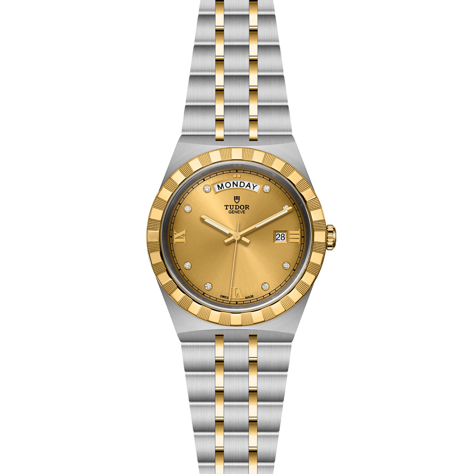 The TUDOR Royal features a gold dial, gold bezel, diamond hour markers, day-date display, and a two-tone stainless steel and gold bracelet for ultimate automatic sport-chic style.