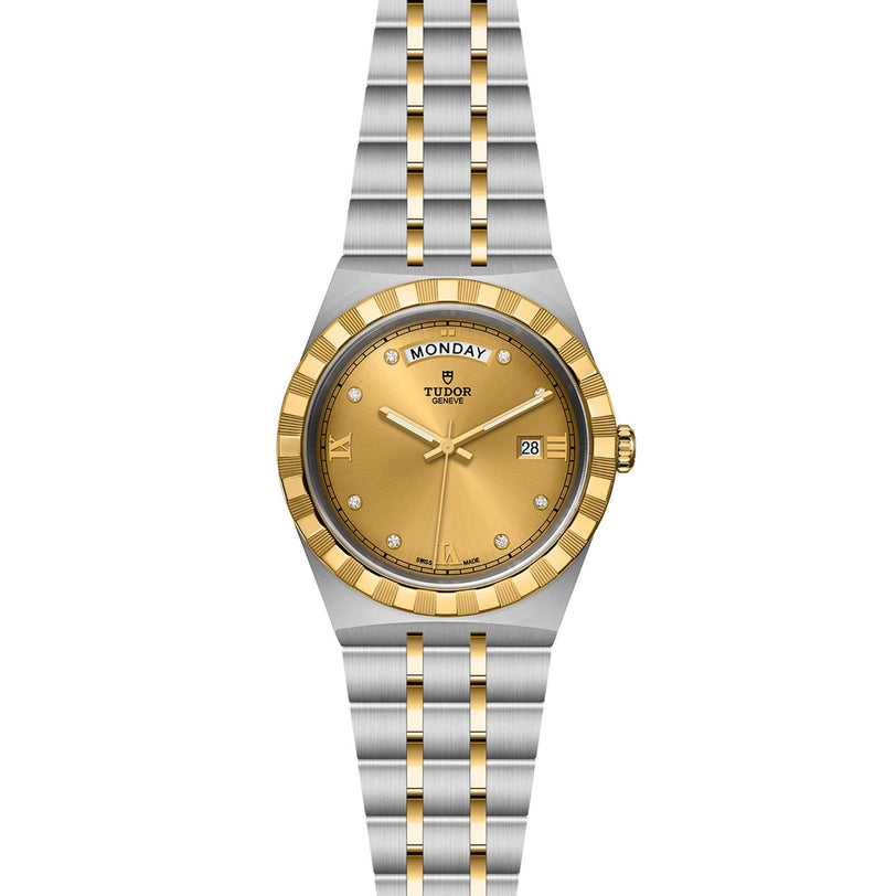 The TUDOR Royal features a gold dial, gold bezel, diamond hour markers, day-date display, and a two-tone stainless steel and gold bracelet for ultimate automatic sport-chic style.