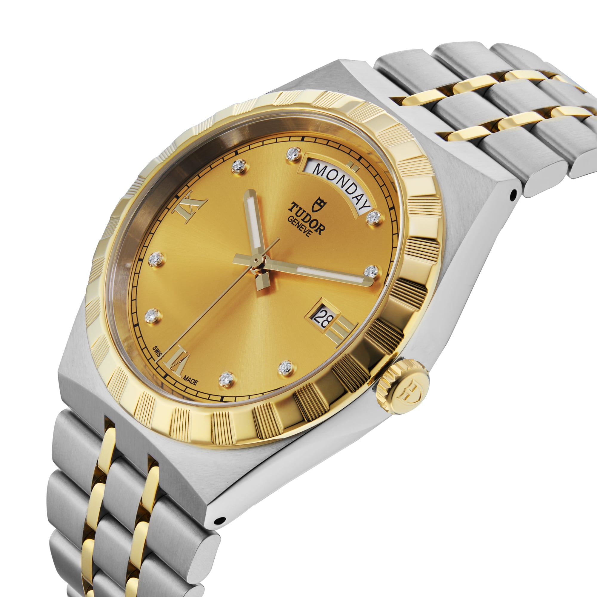 The TUDOR Royal features a gold dial with diamond hour markers, day and date display, fluted bezel, and a stainless steel and gold two-tone bracelet—offering refined elegance in an automatic sport-chic watch.