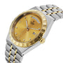 The TUDOR Royal features a gold dial with diamond hour markers, day and date display, fluted bezel, and a stainless steel and gold two-tone bracelet—offering refined elegance in an automatic sport-chic watch.