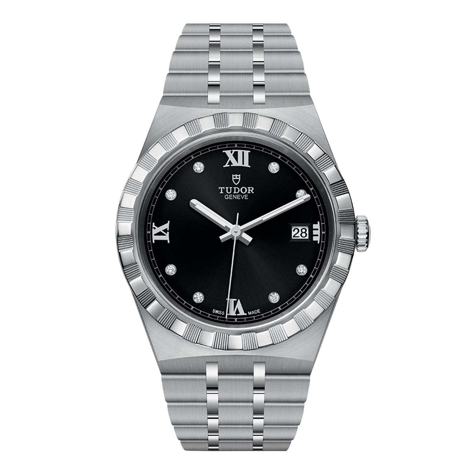 The TUDOR Royal wristwatch features a black dial with Roman numerals, diamond hour markers, a date at 3 oclock, and a stainless steel and gold link bracelet for a sport-chic look.