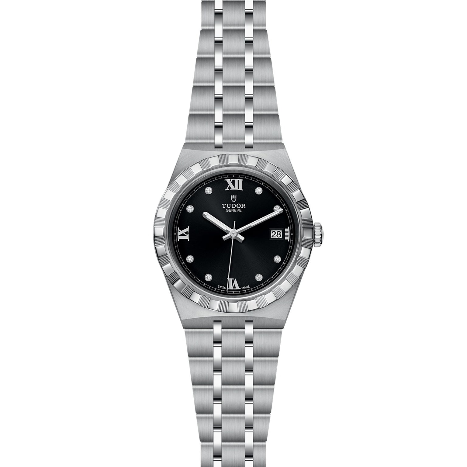 The TUDOR Royal is a stainless steel and gold wristwatch featuring a black dial, silver hour markers, date at 3 o’clock, and metal bracelet—an automatic sport-chic watch combining style and timeless elegance.