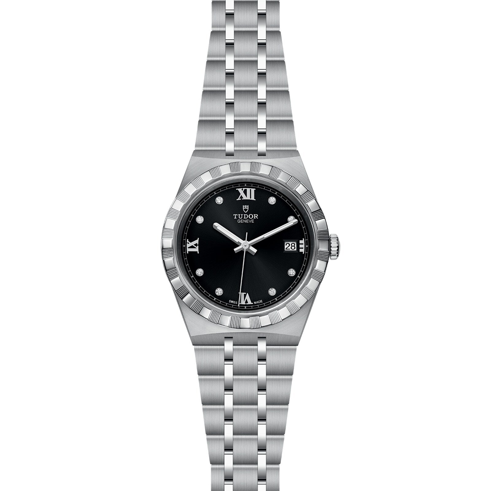 The TUDOR Royal is a stainless steel and gold wristwatch featuring a black dial, silver hour markers, date at 3 o’clock, and metal bracelet—an automatic sport-chic watch combining style and timeless elegance.