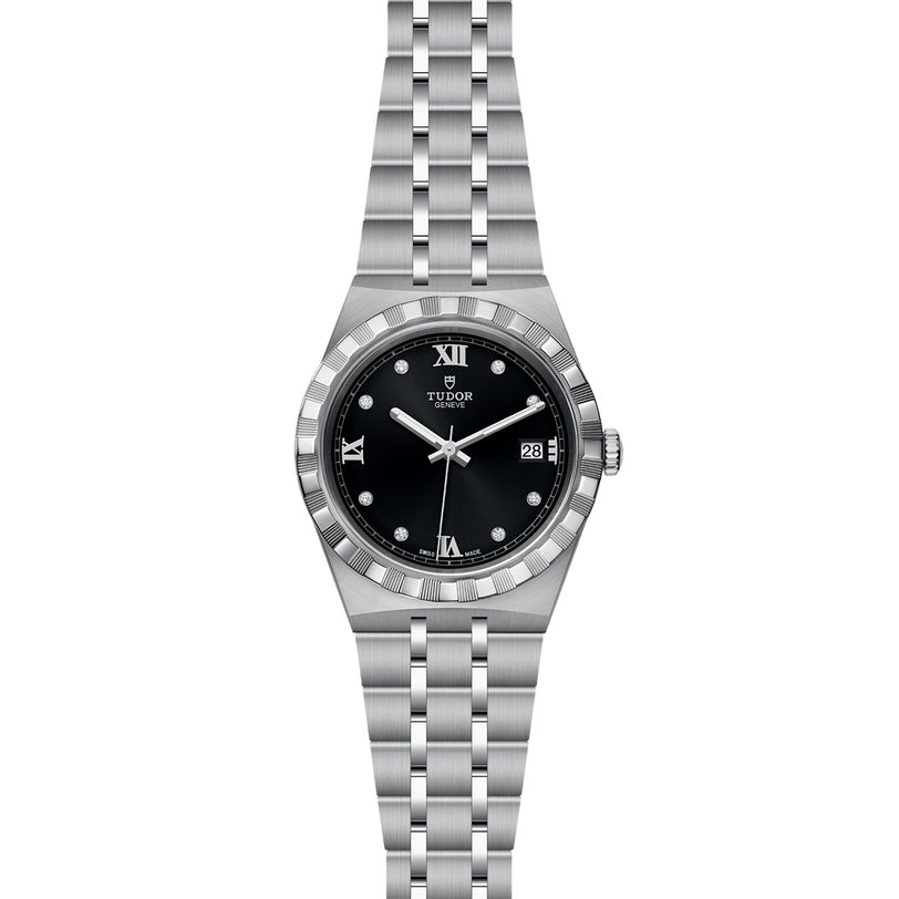 The TUDOR Royal is a stainless steel and gold wristwatch featuring a black dial, silver hour markers, date at 3 o’clock, and metal bracelet—an automatic sport-chic watch combining style and timeless elegance.