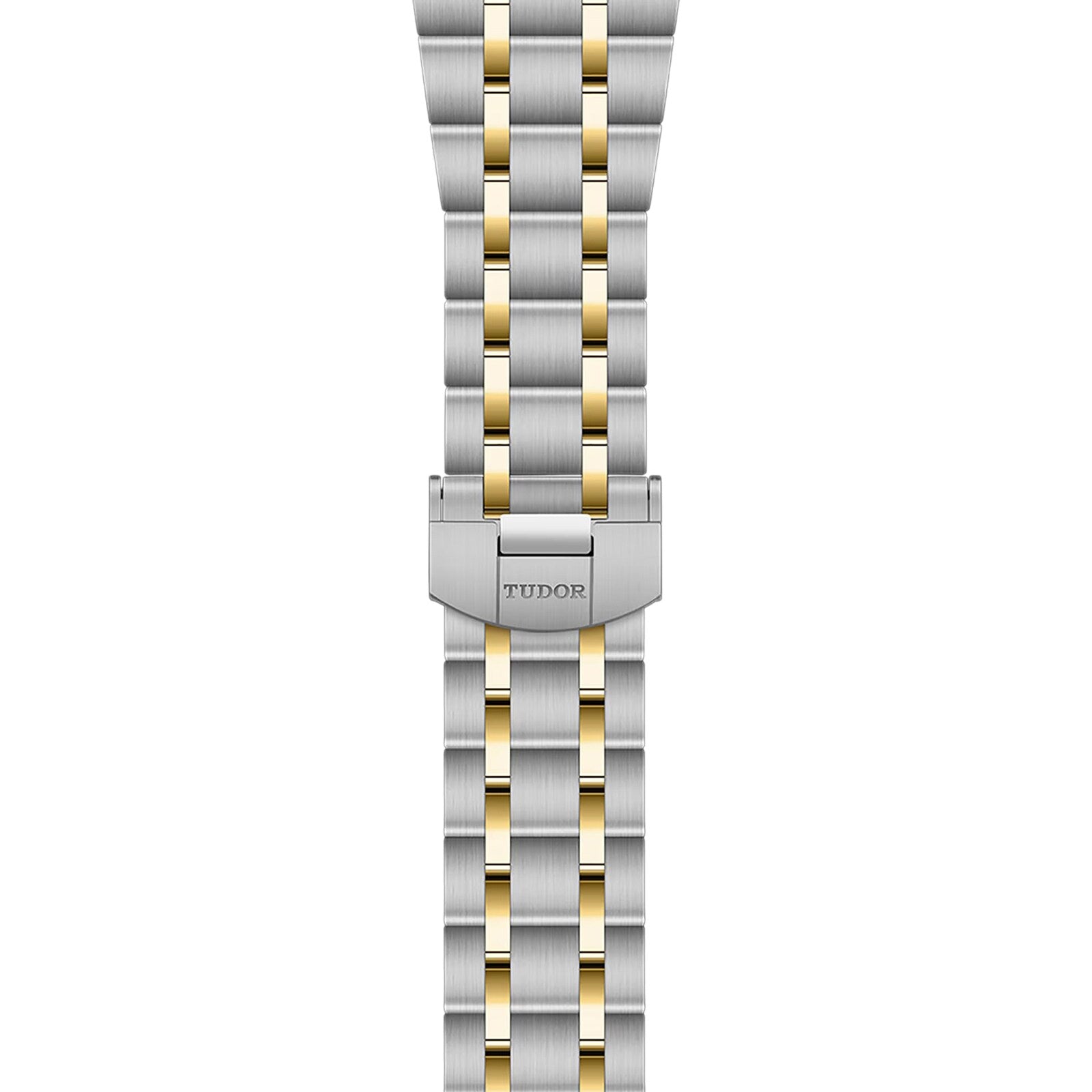 The TUDOR Royal is a two-tone bracelet with alternating silver and gold links. Featuring a clasp engraved with the Tudor logo, it perfectly complements Black Bay automatic sportchic watches.