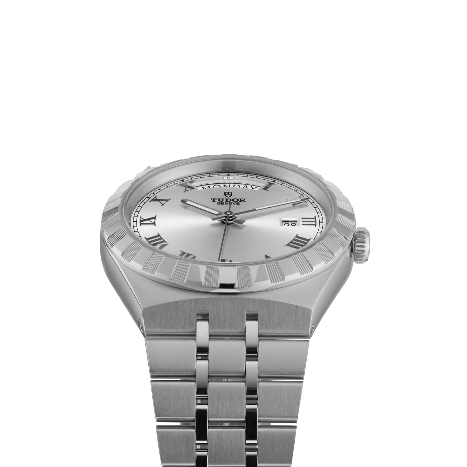 The TUDOR Royal silver wristwatch, featuring Roman numeral markers, a date window at 3 o’clock, fluted bezel, and integrated bracelet, is displayed against a white background—a showcase of automatic sport-chic style.