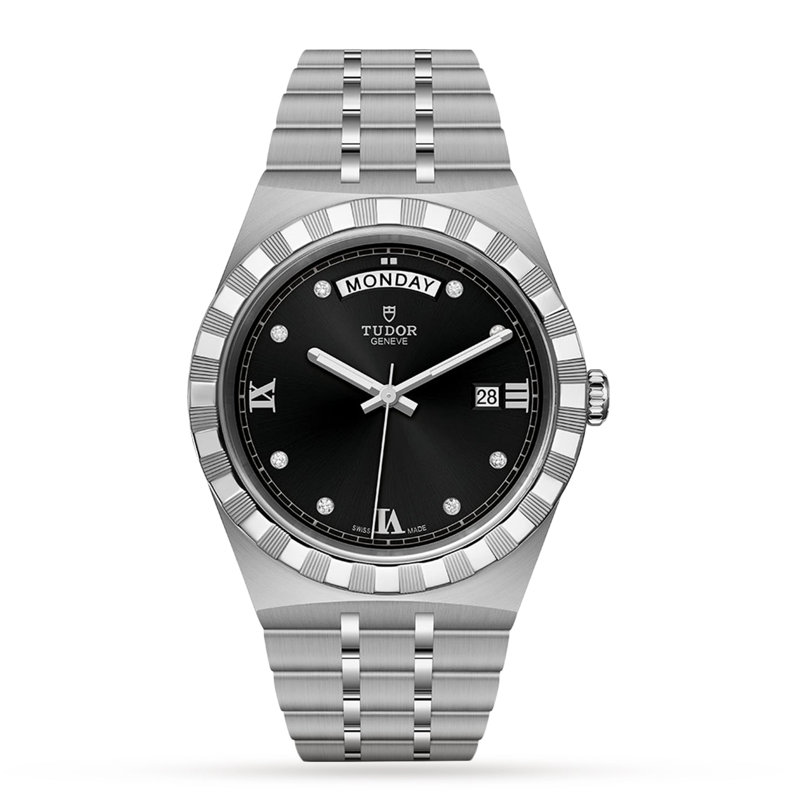 The TUDOR Royal wristwatch features a stainless steel case, black dial, day-date display, Roman numerals, diamond hour markers, and a link bracelet—a sport-chic choice from TUDOR.