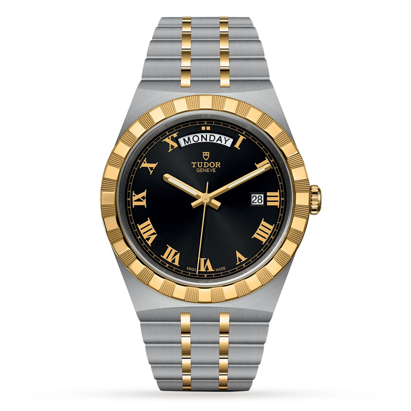 The TUDOR Royal features a black dial, gold Roman numerals, day and date display, and a two-tone silver and gold metal band with integrated bracelets for an automatic sport-chic style.