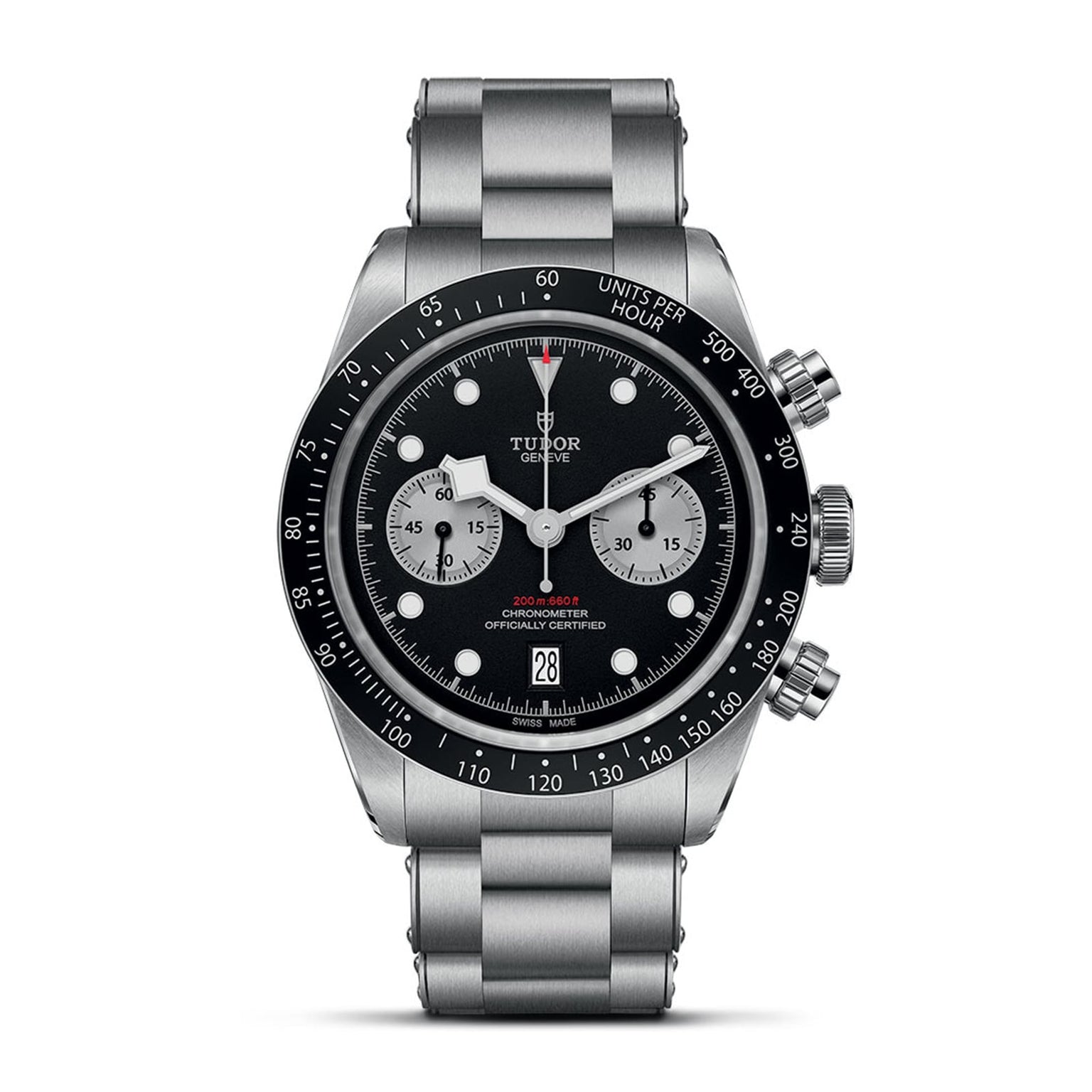 A TUDOR Black Bay Chrono stainless steel wristwatch with a black dial, three sub-dials, tachymetric bezel, and metal bracelet is photographed against a white background.