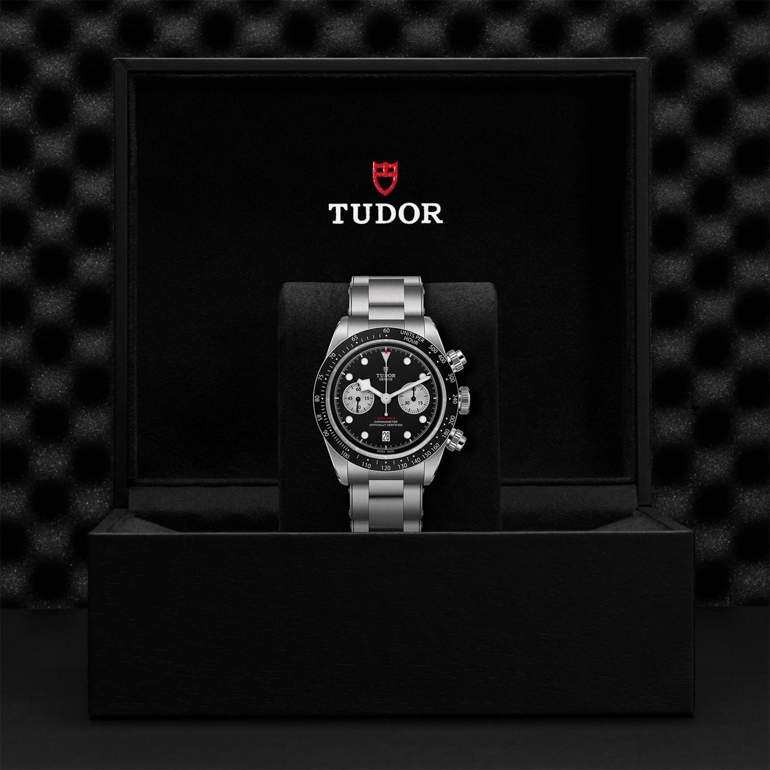 A TUDOR Black Bay Chrono wristwatch is showcased upright in an open black presentation box with the TUDOR logo, highlighting the distinguished style of this chronograph.