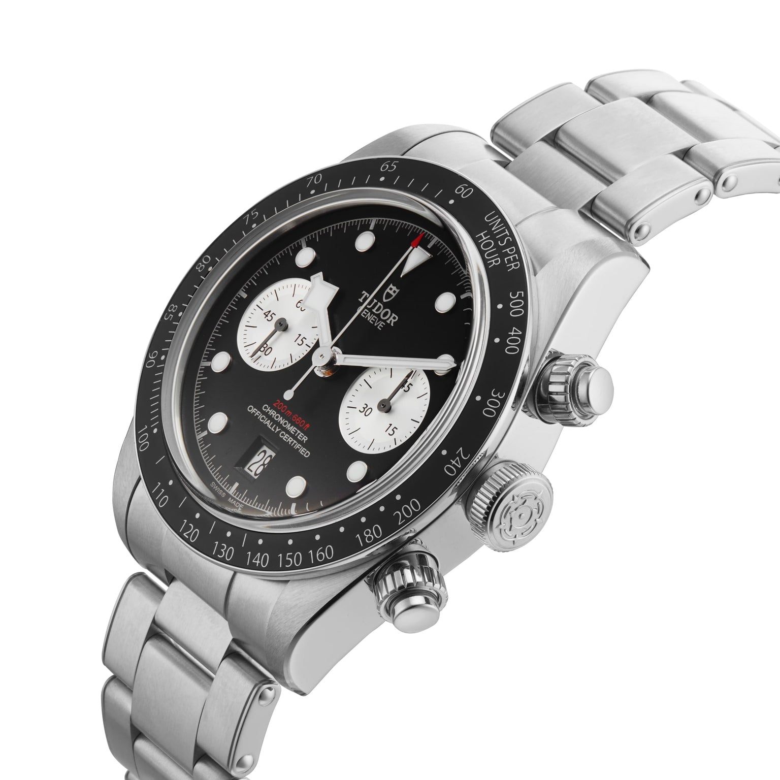 A TUDOR Black Bay Chrono wristwatch featuring a black bezel with tachymetric scale, black dial with two white subdials, and metal bracelet—shown at an angle.
