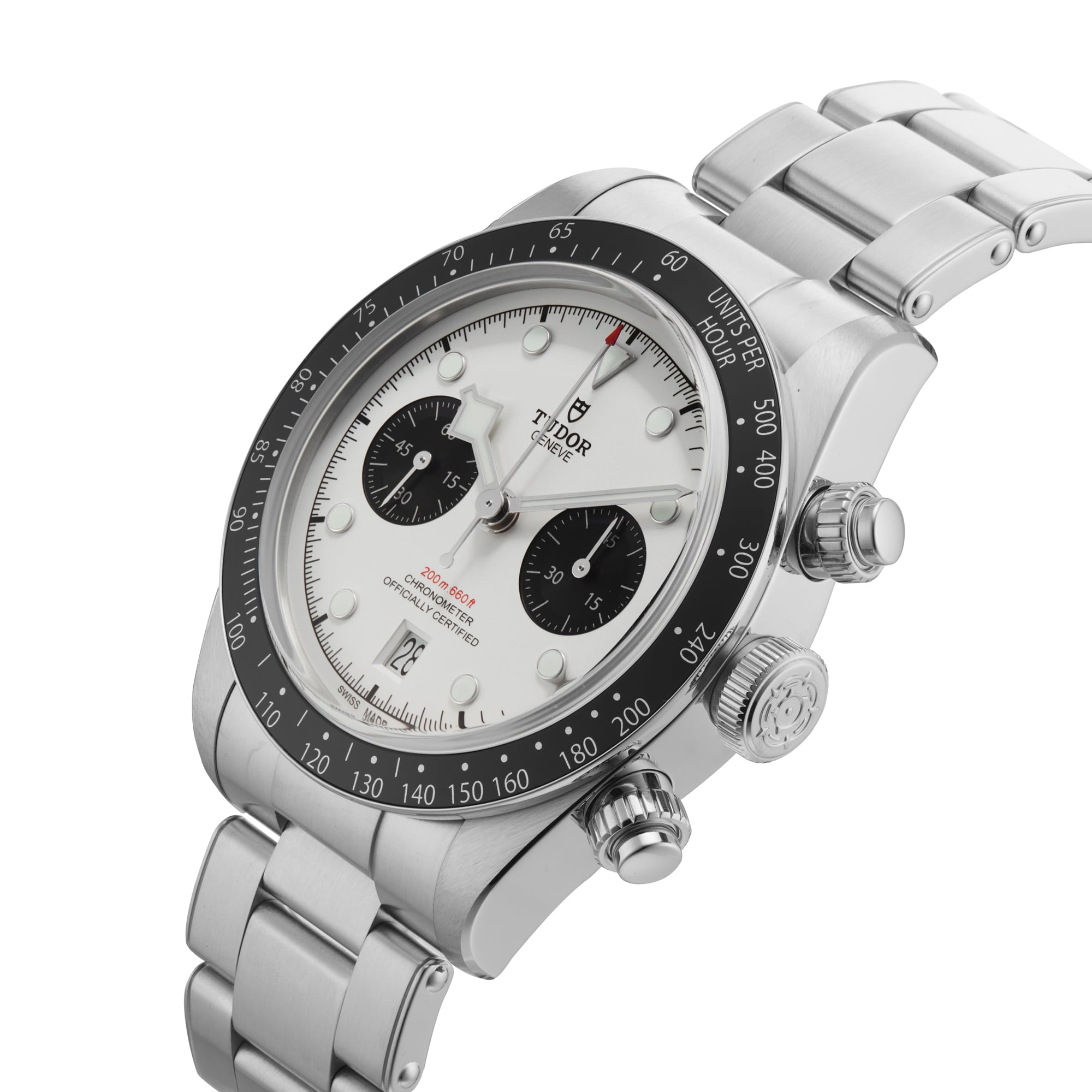 The TUDOR Black Bay Chrono is a stainless steel chronograph wristwatch with a white dial, black subdials, date window, black bezel, and metal bracelet, shown at a slight angle.