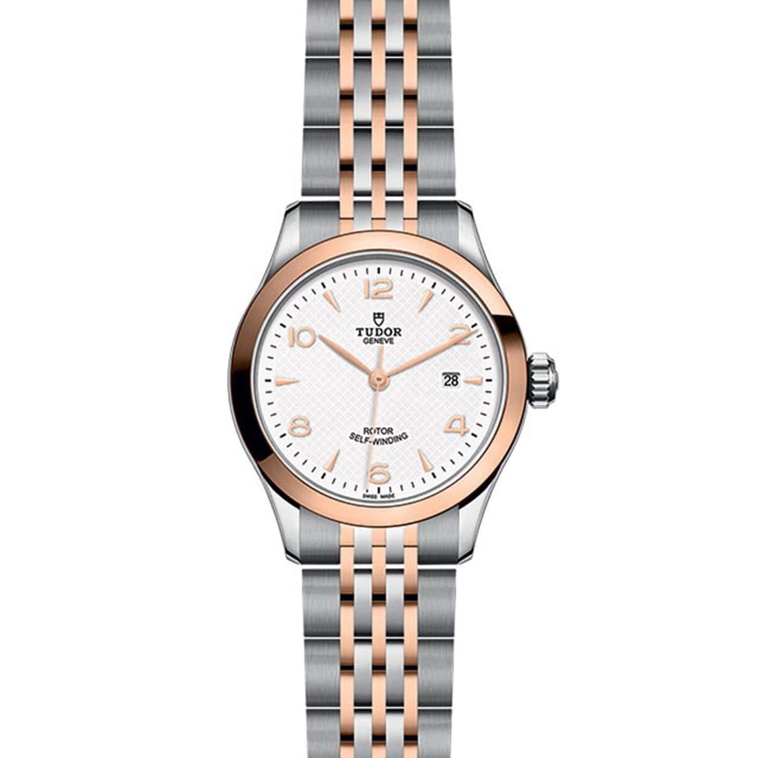 The TUDOR 1926 wristwatch features a white dial, gold bezel, two-tone metal bracelet, and date display at 3 o’clock—a refined choice for collectors of sophisticated mechanical watches.