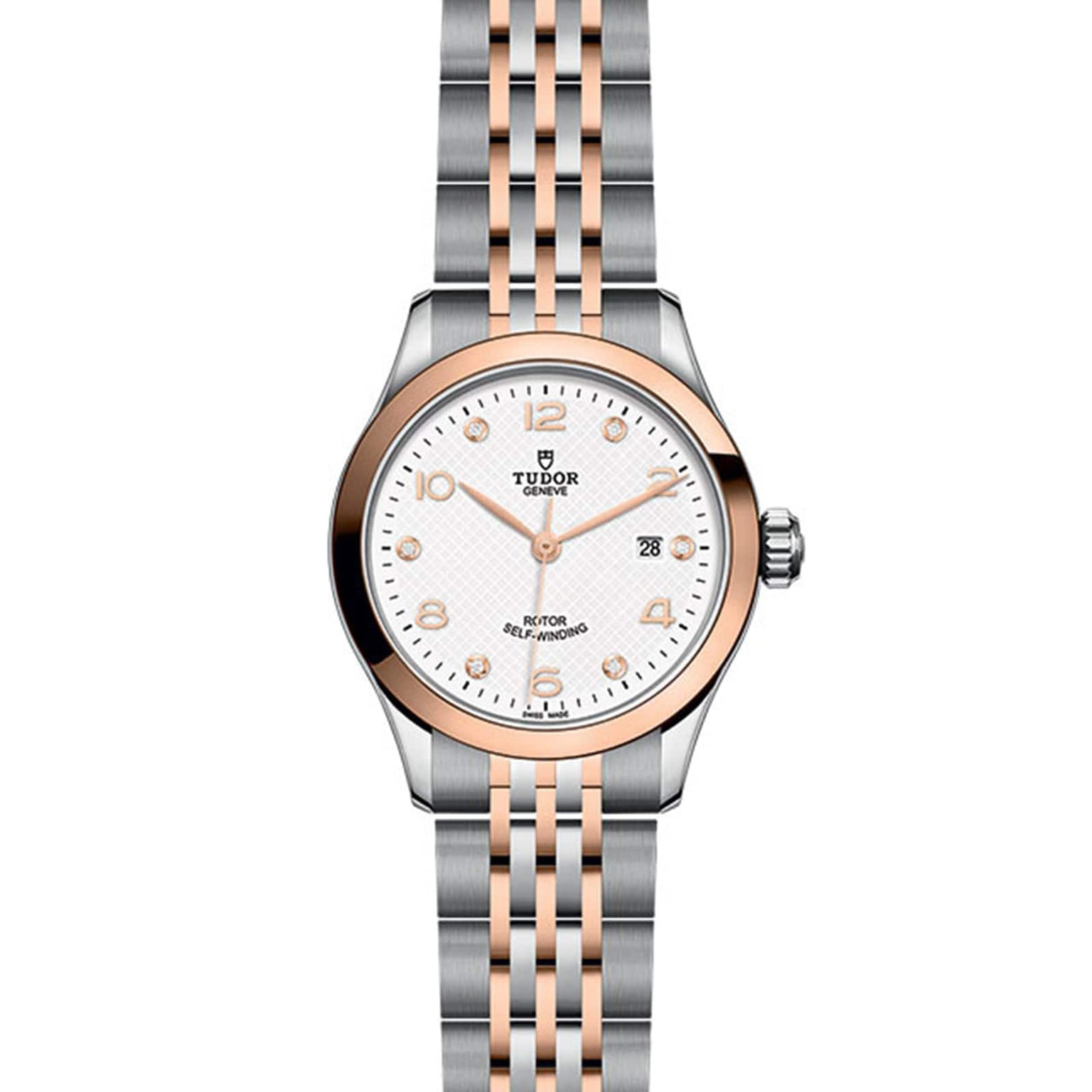 The TUDOR 1926 features a silver and rose gold two-tone band, white dial, gold hour markers, and a date display at 3 o’clock—an elegant wristwatch for refined tastes.